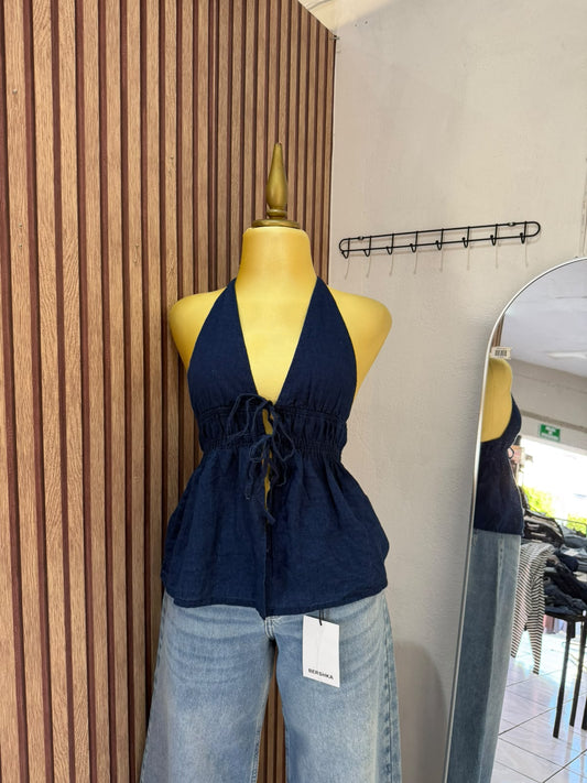 Top halter denim azul con lazos frontales