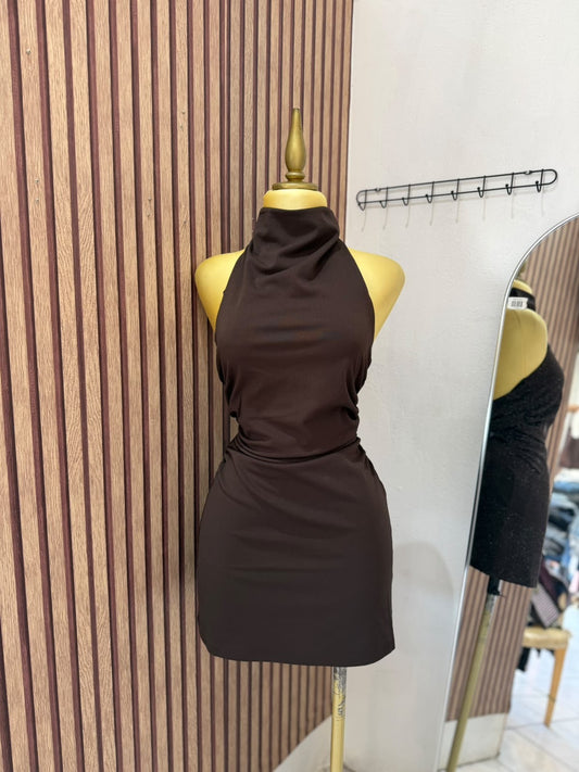 Vestido corto halter marrón H&M
